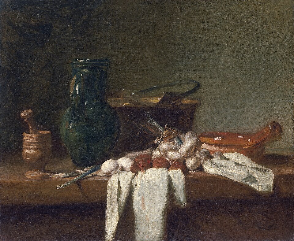 Jean-Siméon Chardin, Still Life with Pestle and Mortar, Pitcher and Copper Cauldron